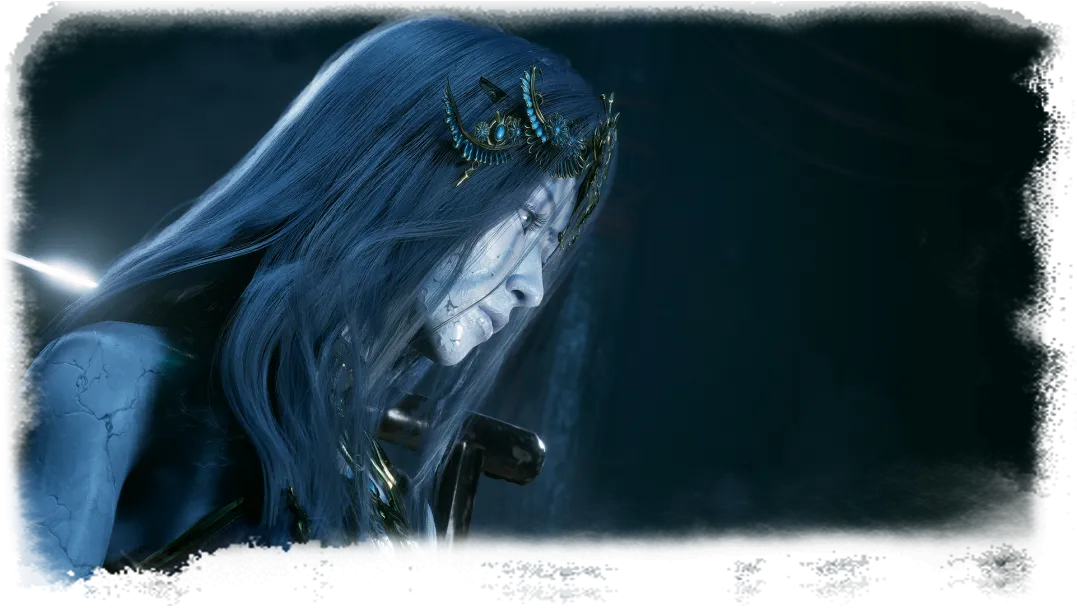 Portrait of a blue-haired character wearing an ornate headpiece.