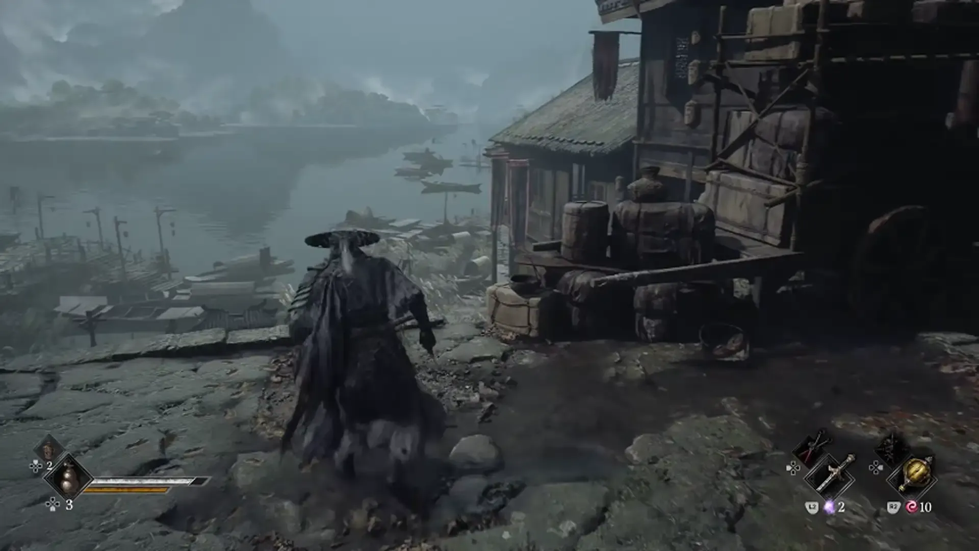 Soul walks a lakeside dock village, gameplay HUD visible.