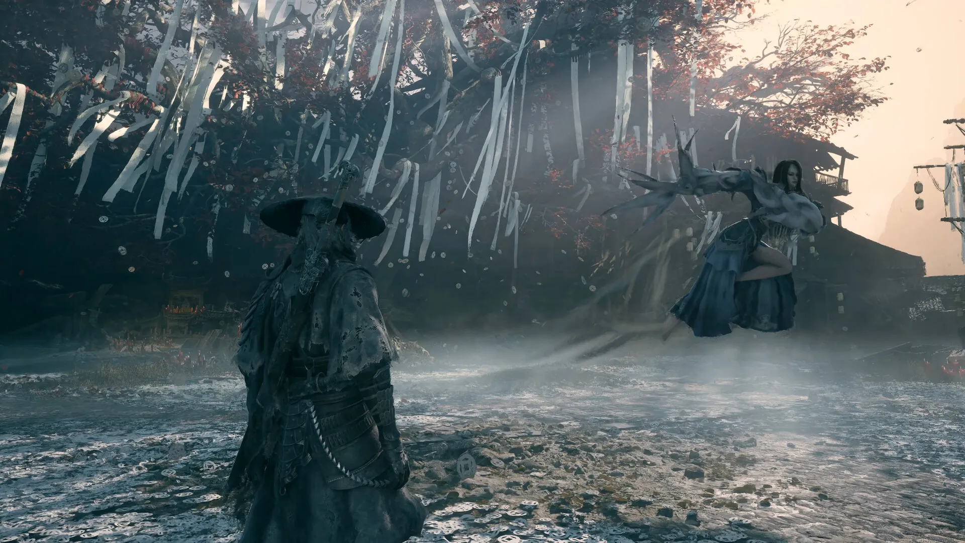 Soul faces a leaping blade-wielding enemy beneath a red maple hung with white ribbons.
