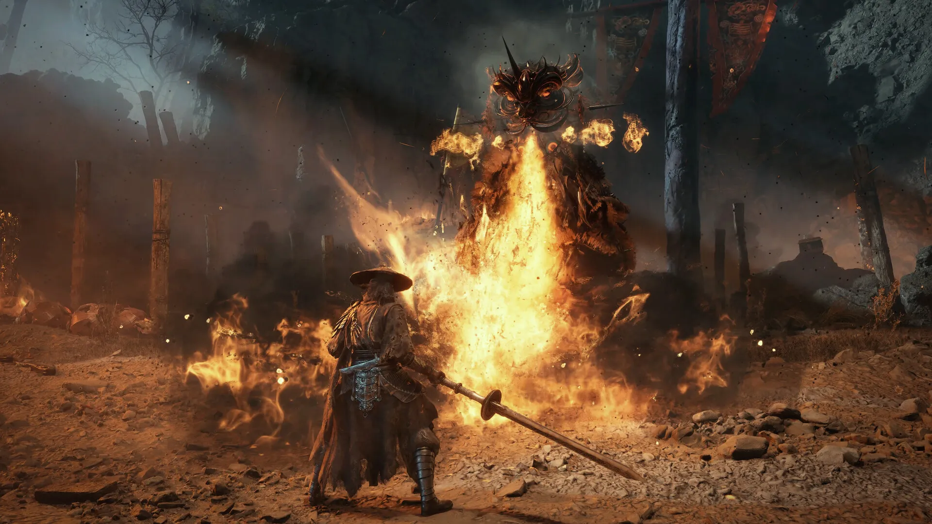 Soul stands before a burning masked giant boss lit by a bonfire.